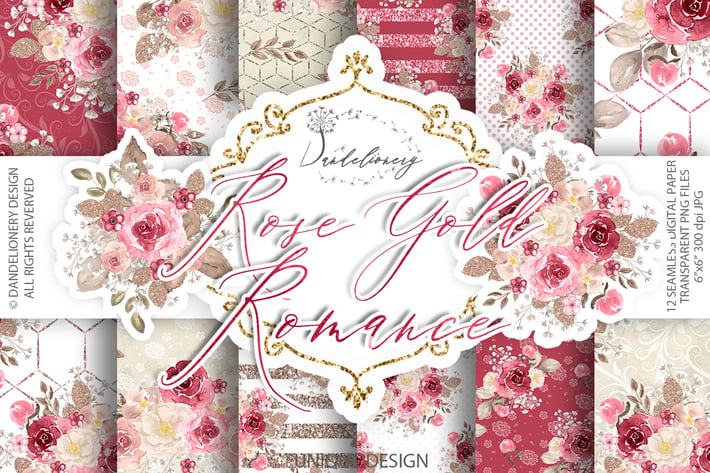 Watercolor Rose Gold Romance digital paper pack