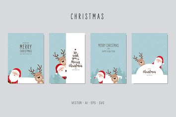 Christmas Santa Claus and Reindeer Vector Card Set