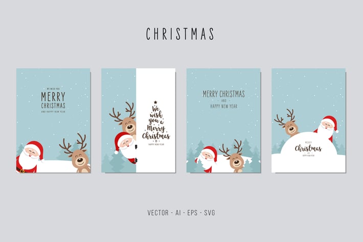 Christmas Santa Claus and Reindeer Vector Card Set