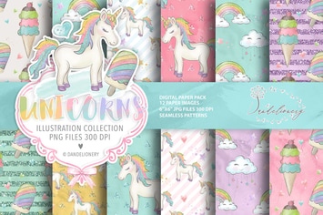 Unicorns digital paper pack