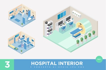 3 Isometric Hospital Clinic Interior Vector Set 1