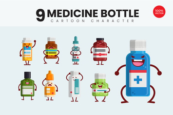 9 Cute Medicine Bottle Vector Illustration