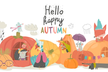 Cute animals with pumpkins on white background.