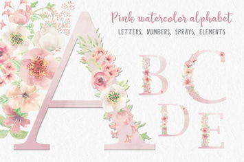 Pink Watercolor Floral Letters and Numbers