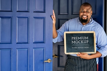 Man holding Open Sign Mockup