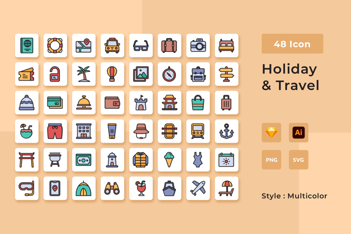 Holiday And Travel Multicolor Style Icon Pack
