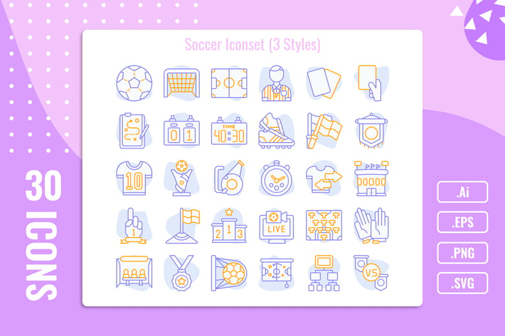 30 Outline Iconset Soccer with 3 styles variant
