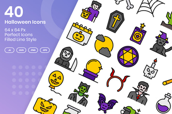 40 Halloween Icons Set - Filled Line