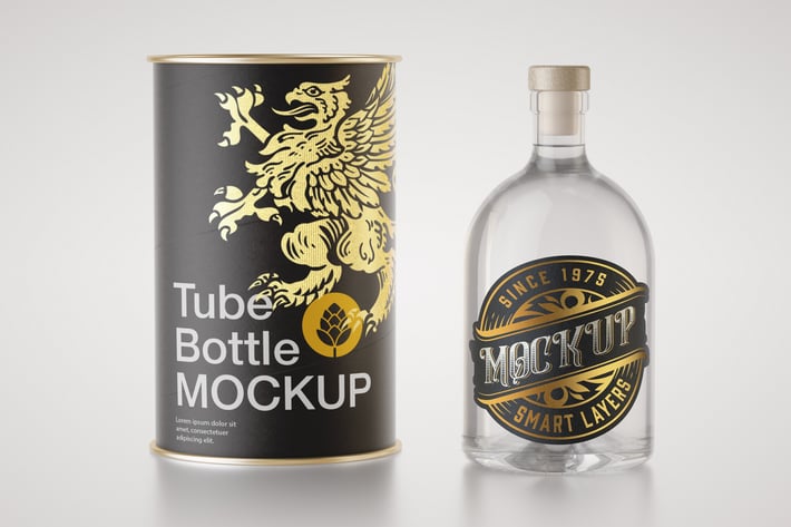 Clear Liquor Bottle with Paper Tube Mockup