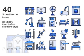 40 Smart Home Icons Set - Filled Line Style