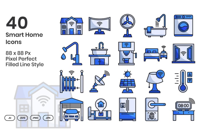 40 Smart Home Icons Set - Filled Line Style