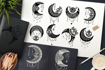 Crescent Moon Eyes Clipart Set