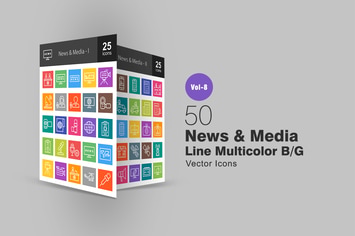 50 News & Media Line Multicolor B/G Icons