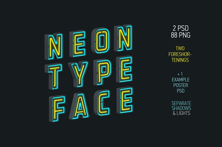 Neon Typeface (3 PSD, 88 PNG)
