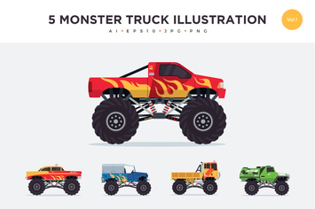 5 Monster Truck Vector Illustration Set 1