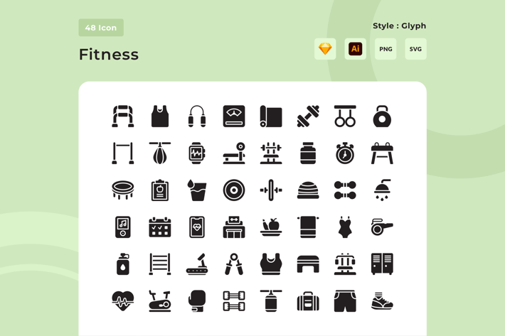 48 Fitness Glyph Style Icon Pack