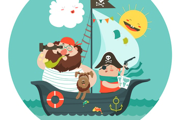 Happy dad and son sailing at their pirate ship.