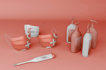 Thermometer and Mask with Coronavirus Mockup