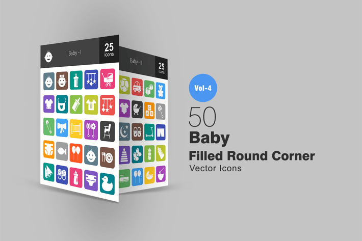 50 Baby Flat Round Corner Icons