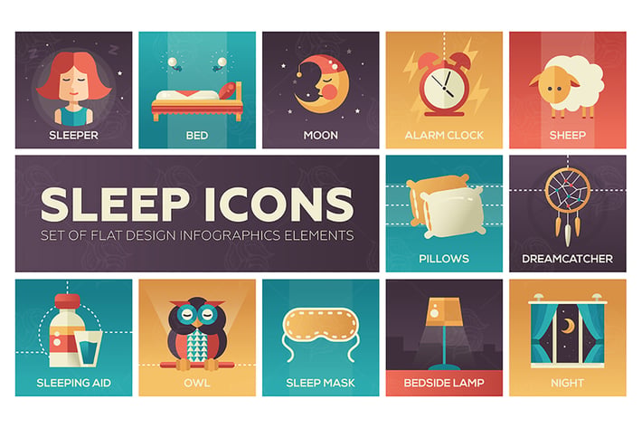 Sleeping - color flat design style icons set