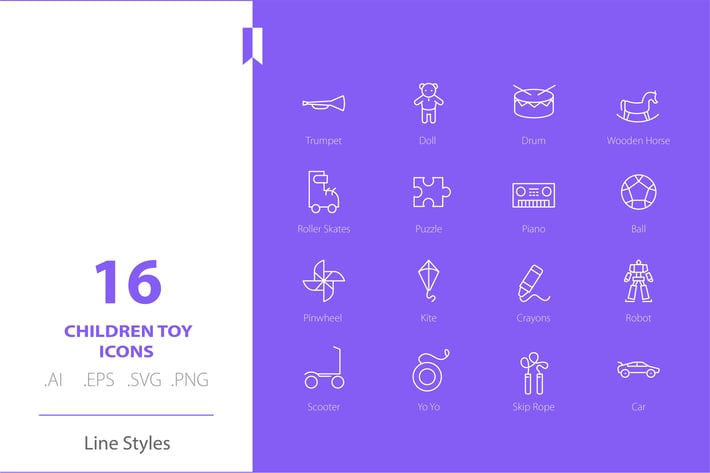 Children Toys Icon Set Line Styles