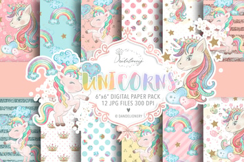 Watercolor Unicorns II. digital paper pack