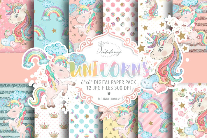 Watercolor Unicorns II. digital paper pack