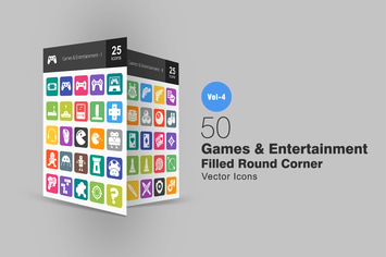 50 Games & Entertainment Flat Round Corner Icons