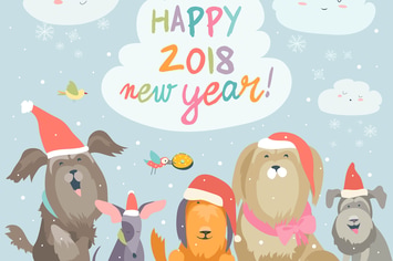 Happy 2018 New Year card. Funny dogs 