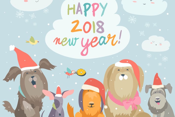 Happy 2018 New Year card. Funny dogs 