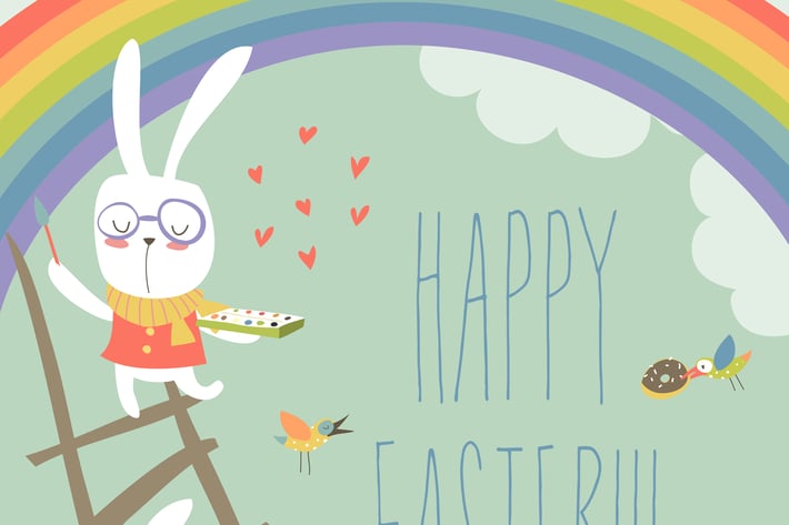 Funny easter bunnies with rainbow. Vector