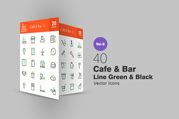 40 Cafe & Bar Green & Black Line Icons