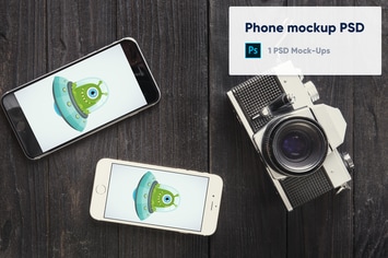 Two phones and old camera mockup psd