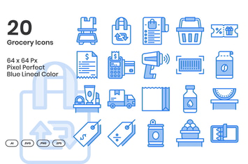 20 Grocery  Icons Set - Blue Lineal Color