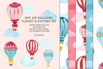 Hot Air Balloons clipart & pattern set