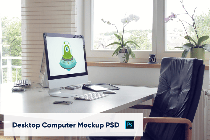 Desktop Computer on Table in Home Office - Mockup
