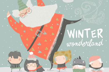 Funny Santa Claus skating with cute kids. Vector 