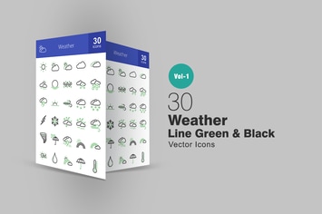 30 Weather Line Green & Black Icons