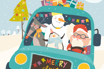 Santa Claus with reindeer, snowman and penguin 