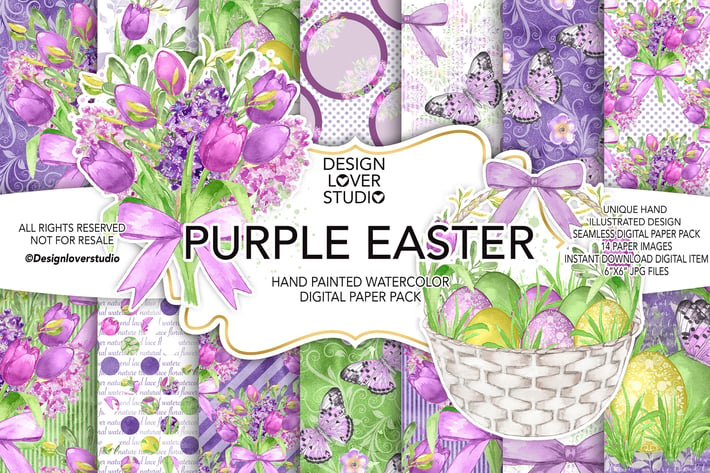 Watercolor PURPLE EASTER digital paper pack