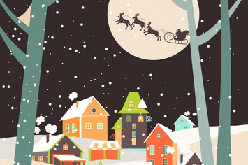 Santa Claus sleigh with reindeer fly over the city