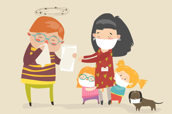 Social worker with kids. Caretaker sick. Vector 