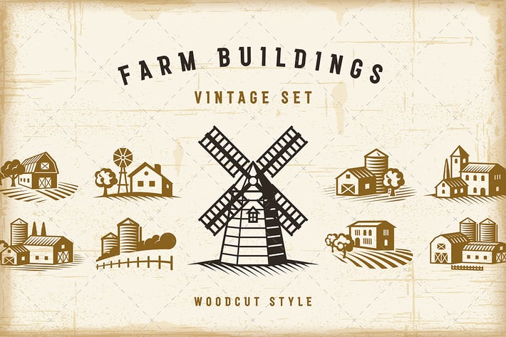 Vintage Farm Buildings Set