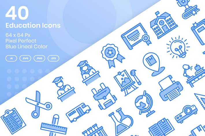 40 Education Icons Set - Blue Lineal Color