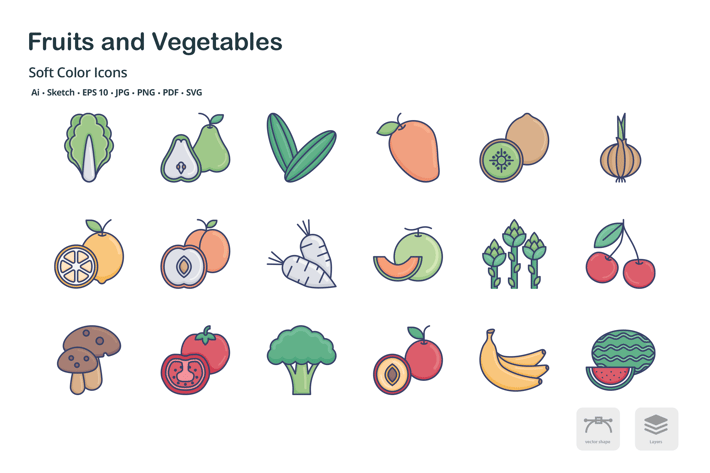 Fruit and vegetables soft color icons