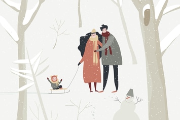 Cartoon happy family walking in winter forest. Vec