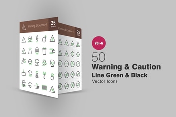 50 Warning & Caution Green & Black Line Icons
