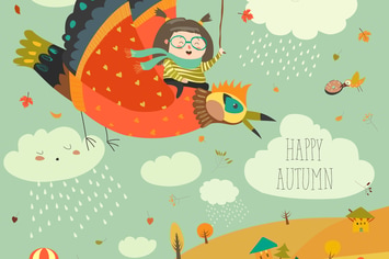 Little girl flying in the sky with funny birds.