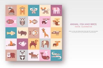 Animals, Fish and Birds set of flat vector icons