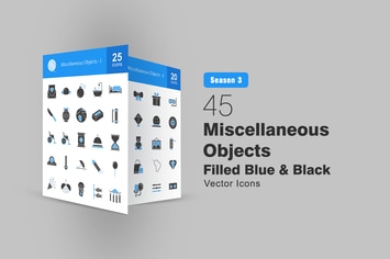 45 Miscellaneous Objects Filled Blue & Black Icons